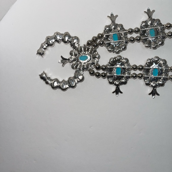 Silver tone squash blossom necklace with rhinestones & faux turquoise - Picture 11 of 13